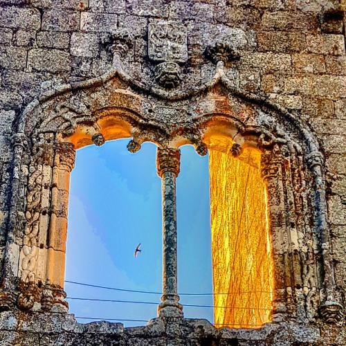 a window in an old building with a bird flying at Casa Bento Teixeira in Belmonte