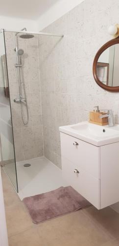 une salle de bain avec une douche, un lavabo et un miroir dans l'établissement Chez nous, à La Bollène-Vésubie