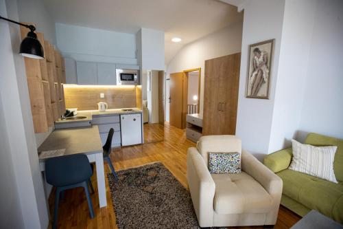a living room with a couch a chair and a kitchen at Apartments Kanevce Beach&Relax in Ohrid