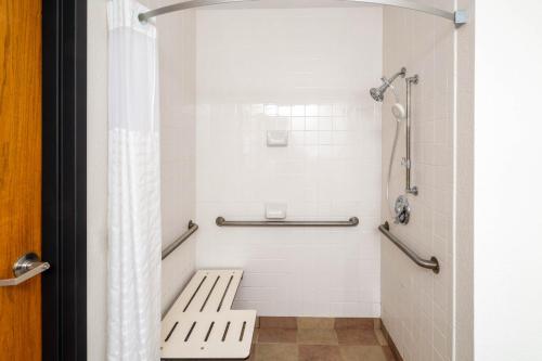 a bathroom with a toilet and a shower at Ramada by Wyndham Maggie Valley in Maggie Valley