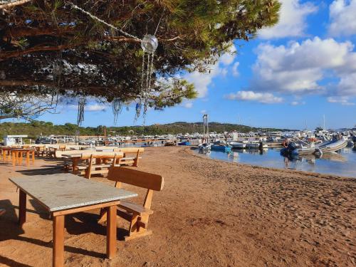 una mesa de picnic y bancos junto a un puerto deportivo en Baia di Ulisse, en Porto Pozzo