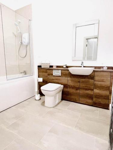 a bathroom with a toilet and a sink and a shower at No 49 a spacious executive apartment in Inverness in Inverness