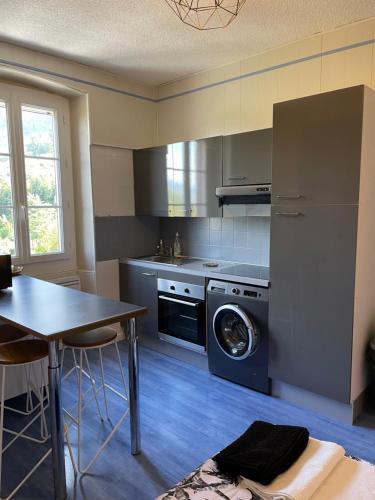 a kitchen with a table and a washer and dryer at Beau séjour in Aiguebelette-le-Lac