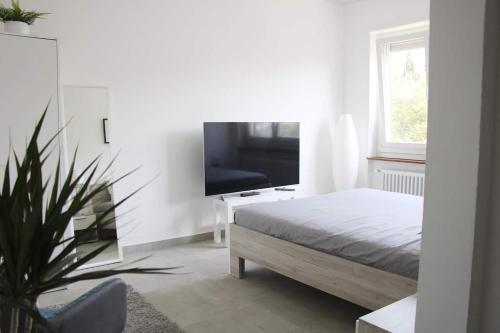 um quarto com uma cama e uma televisão de ecrã plano em New & Modern Apartment with Beautiful Lake View! em Lugano