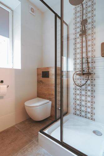a bathroom with a shower and a toilet and a tub at Pokoje Venezia in Cieszyn