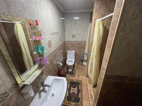 uma casa de banho com um lavatório e um WC em Guest House Eles em Karakol