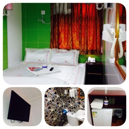 un collage di una camera da letto con un letto e una televisione di Marrigold Hostel a Hong Kong