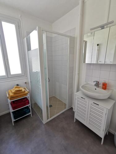 une salle de bain blanche avec une douche et un lavabo dans l'établissement L'IDEAL cosy & cocooning proche de Fontainebleau, à Samois-sur-Seine