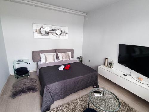 1 dormitorio con 1 cama y TV de pantalla plana en Apartment Apex penthouse self check-in, en Karlovac