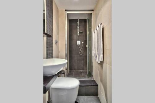 een badkamer met een toilet, een wastafel en een douche bij Valletta Timeless Elegance : City Centre Apartment in Valletta
