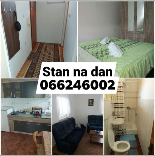 a collage of four pictures of a room at Stan na dan -Uzun Mirkova in Valjevo