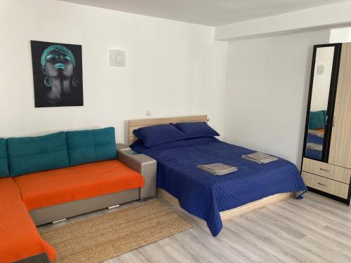 a bedroom with a bed and a couch at Sorica Studio - near the ski slopes in Azuga