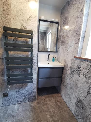 a bathroom with a sink and a mirror at Dolweunydd Bed and Breakfast in Betws-y-coed