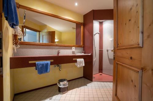a bathroom with a shower and a sink and a mirror at Posthotel Erlerwirt in Erl