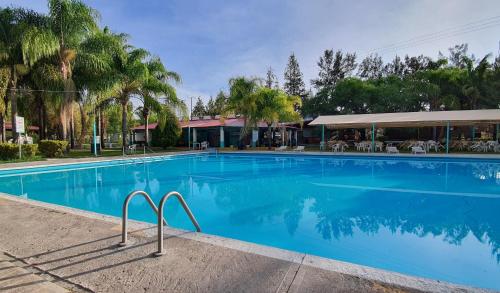 a large swimming pool with palm trees and a building at Parque Girasoles Balneario & Cabañas in San Francisco del Rincón