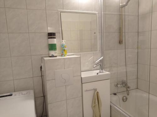 y baño con lavabo, espejo y ducha. en Ferienwohnung für 1-3 Personen in BERLIN, Nähe U Friedrichsfelde en Berlín