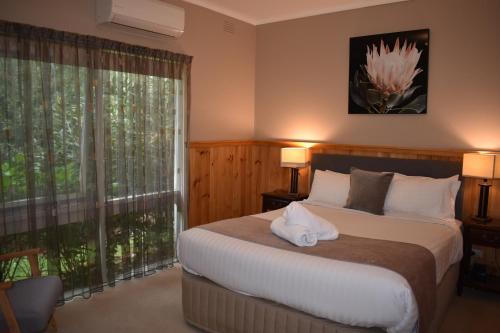 a bedroom with a bed and a large window at Sanctuary House Resort Motel in Healesville