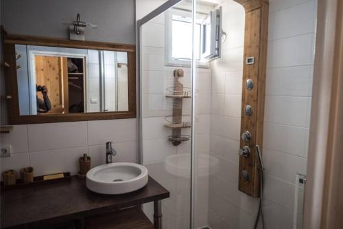 une salle de bain avec un lavabo et une douche avec un miroir dans l'établissement MyHome - Great apt for 6 Tignes Val Claret, à Tignes
