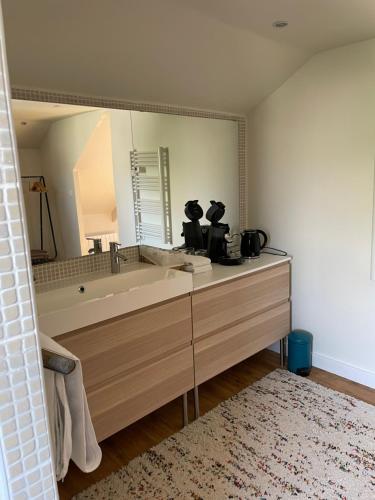 un bagno con un lavandino e un grande specchio di Maison La Tour a Dinan