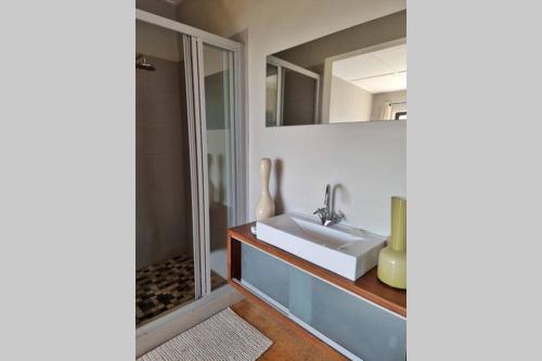 a bathroom with a sink and a mirror at Hilltop Heaven, Walk to beach, Pool, Ocean & River views in Pringle Bay