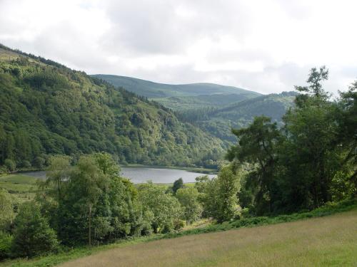 a view of a lake in a valley with trees at Glendalough International Youth Hostel in Laragh