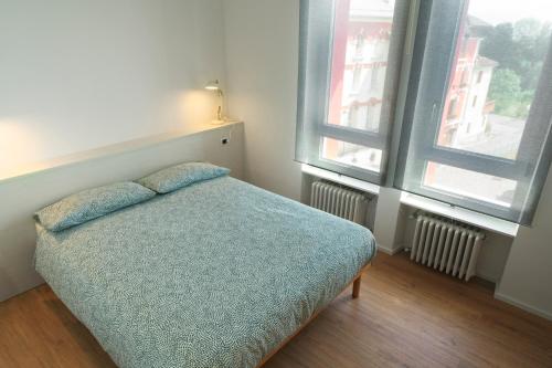 a bedroom with a bed and two windows at Fioralpino Apartments in Sospirolo