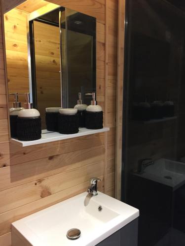 a bathroom with a sink and a mirror at AUBRAC Spa in Saint-Chély-dʼAubrac