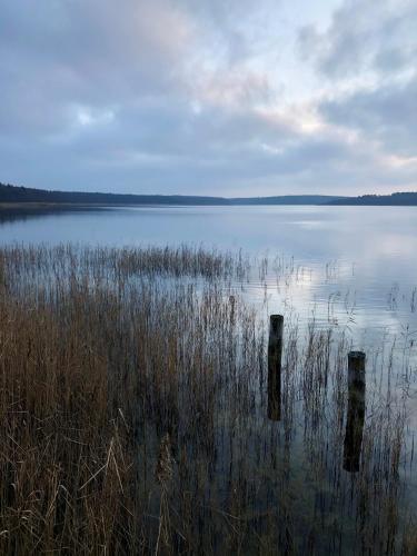 a large body of water with two posts in the water at Hotel zwischen den Seen in Waren