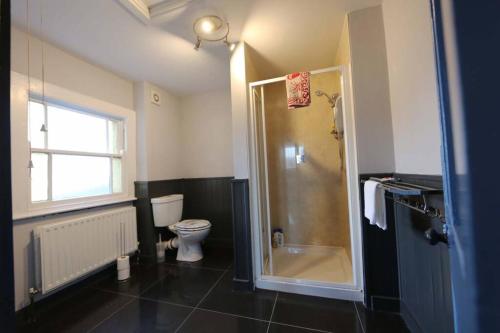 ein Bad mit einer Dusche und einem WC in der Unterkunft Townhouse 34 in Derry Londonderry