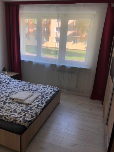 - une chambre avec un lit et une grande fenêtre dans l'établissement Apartment Mona Warsaw przy stacji metra, à Varsovie