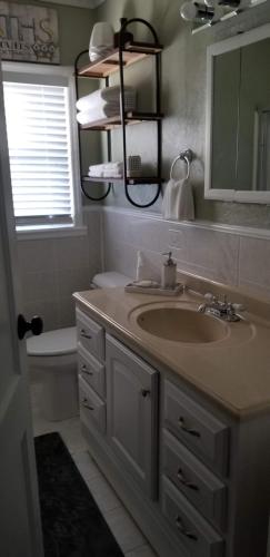 a bathroom with a sink and a toilet and a mirror at Williamsburgh Place in Fayetteville