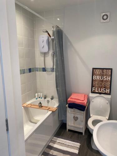 W łazience znajduje się umywalka, toaleta i prysznic. w obiekcie Gateway to The Glens w mieście Ballymena