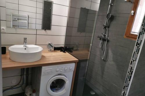une salle de bain avec un lavabo et une machine à laver dans l'établissement Bédoin, maison cadre exceptionnel, à Bédoin