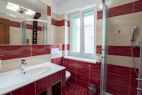 a bathroom with a sink and a toilet and a window at Šenk U Kovárny in Mariánské Lázně