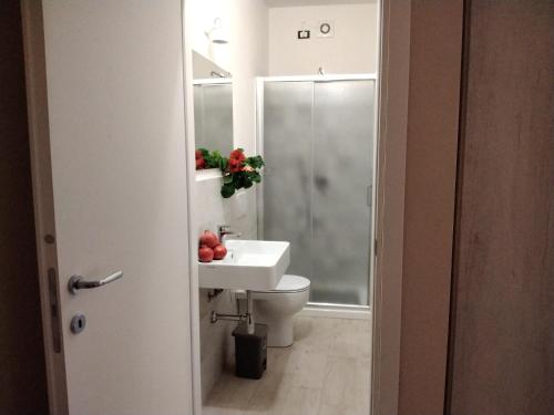 a bathroom with a toilet and a sink and a shower at la casa all 'angolo in Pisa