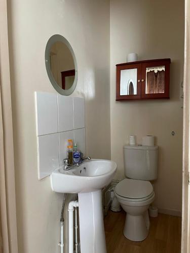 a bathroom with a toilet and a sink and a mirror at Bright Apartments in Peterborough