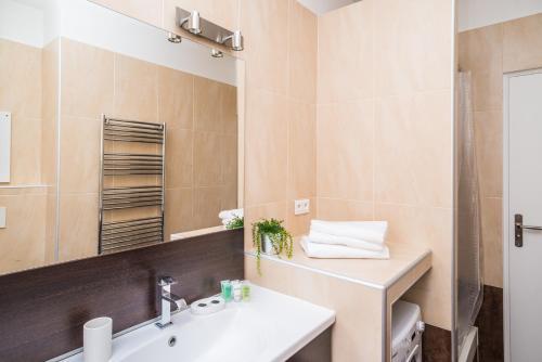 une salle de bain avec un lavabo et un miroir dans l'établissement Modern 2-bedroom City Center Apartment, à Nice