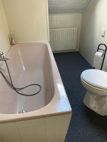 a bathroom with a toilet and a tub and a sink at Monteurwohnung Ahnetal mit 3 Schlafzimmern in Dörnberg