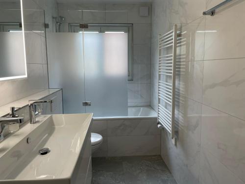 a bathroom with a shower and a sink and a toilet at Haus Pramalinis - Mosbacher in Davos