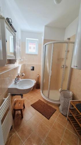 a bathroom with a shower and a sink at Apartment Klínovec SUN - garážové parkování in Loučná pod Klínovcem
