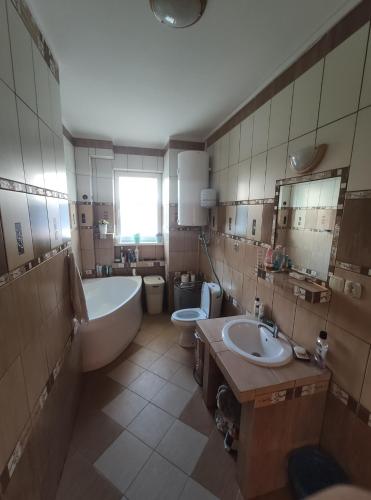 a bathroom with two sinks and a tub and a toilet at Chata Javorina in Javorina