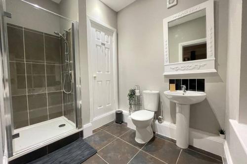 La salle de bains est pourvue de toilettes, d'un lavabo et d'une douche. dans l'établissement Countryside Annexe, with hottub, sleeps up to 4, à Durston