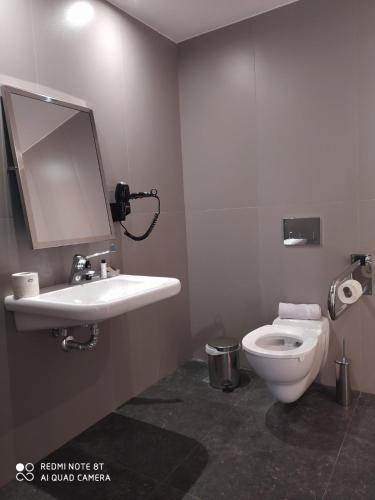 a bathroom with a toilet and a sink and a mirror at LAS HOTEL & SPA in Gythio