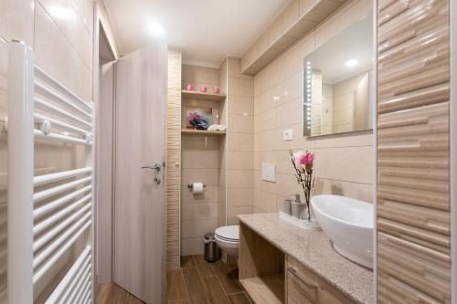 W łazience znajduje się umywalka, toaleta i lustro. w obiekcie Apartments Repinc w Bledzie