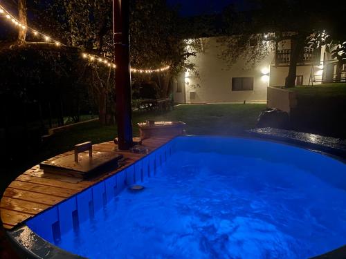 a large blue swimming pool in a yard at night at PANORAMIC Sus In Deal in Vişeu de Jos