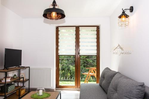 uma sala de estar com um sofá e uma janela em Apartamenty Pod Jaworzem em Ptaszkowa