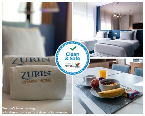 a hotel room with a bed and a table with a bowl of food at Zurin Charm Hotel in Lisbon