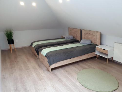 two beds in a room with a green rug at Kambarių nuoma - Pašakarniai SAURIDA in Akmenė