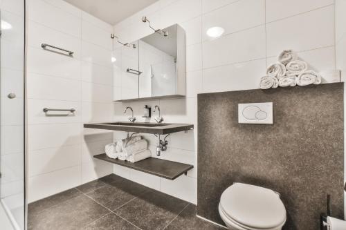 ブルーメンダールにあるAppartement met zeezicht in Bloemendaalのバスルーム(トイレ、洗面台付)