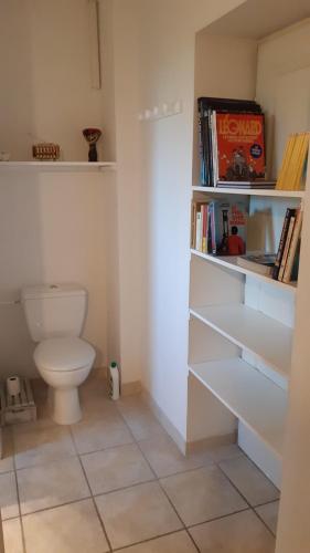 La salle de bains est pourvue de toilettes et d'étagères avec des livres. dans l'établissement Chambre privée avec Piscine, à Marseille
